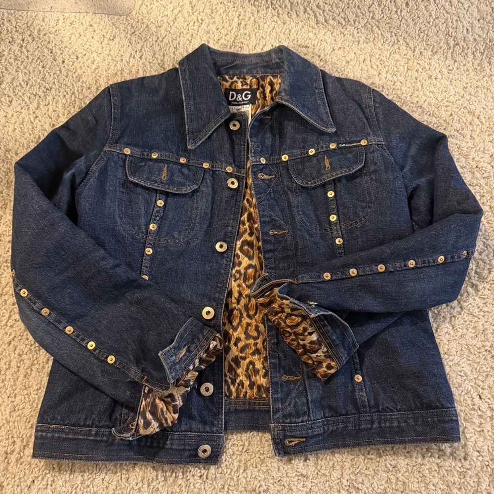 D&G Dolce And Gabbana Vintage Jeans Jacket Gold Studded Leopard Iconic
